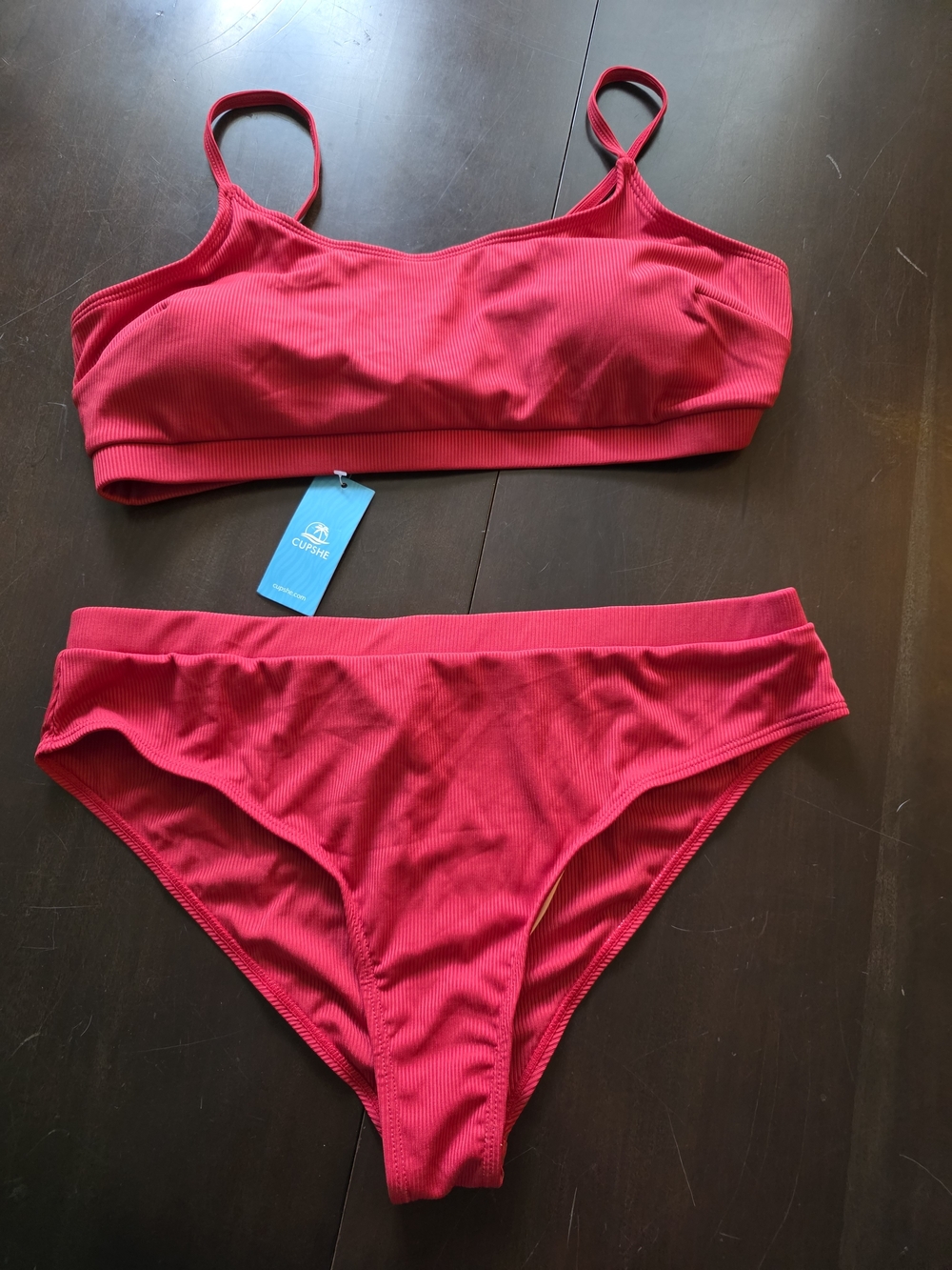 Cupshe Red Ribbed High Waisted Bikini Set Two Piece Swimsuit Women XL NWT